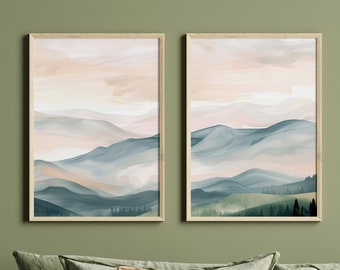 Boho Landscape Poster Set: Modern Mountain Landscape in 2 Pictures | Boho-Style Mountain Poster | Two-Piece Wall Art Duo in Green, Beige, Gray
