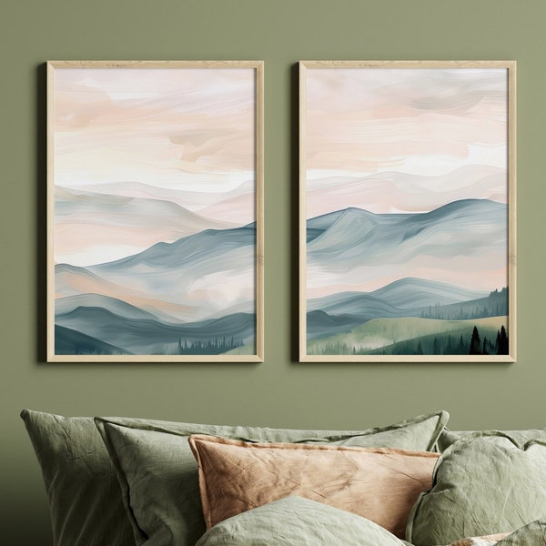 Boho Landschaft Poster Set: Moderne Berglandschaft in 2 Bildern | Bergposter im Boho-Stil | Zweiteiliges Wandkunst-Duo Grün Beige Grau