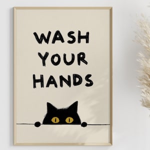 Poster umoristico per il bagno | Design di un gatto divertente | Stampa moderna con gatto che si lava le mani | Decorazione per cucina, bagno degli ospiti, corridoio, ufficio, toilette, bagno