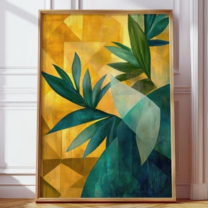 Modern living room decor poster | Tropical leaf artwork abstract | Green and yellow geometry nature | Stylish art print office kitchen hallway