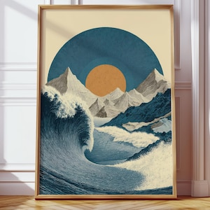 以下が含まれることがあります： 大きな波、山、夕日を描いた、様式化された海岸風景の額入りアートプリント。 アートワークは青、白、オレンジの色調を使用し、テクスチャ加工されたヴィンテージの美学です。 フレームは明るい茶色です。