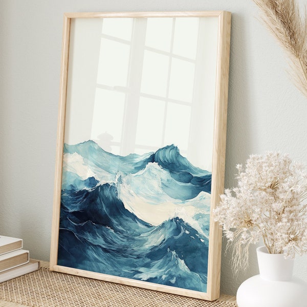 Kunst voor je slaapkamer | Afbeelding van oceaan golven in blauw | Nautische poster voor wanddecoratie | Zachte, rustgevende prints voor woonkamer, hal en kantoor