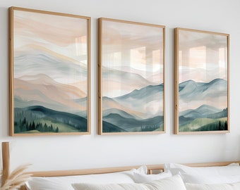 Boho Landschaft Poster Set: Moderne Berglandschaft in 3 Bildern | Bergposter im Boho-Stil | Dreiteiliges Wandkunst-Trio Grün Beige Grau