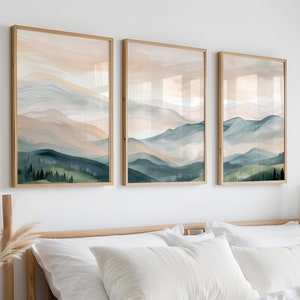 Boho Landschaft Poster Set: Moderne Berglandschaft in 3 Bildern Bergposter im Boho-Stil Dreiteiliges Wandkunst-Trio Grün Beige Grau Bild 1