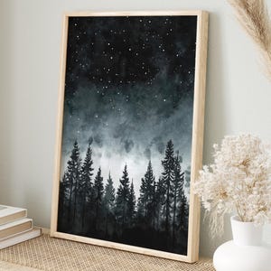 Noche de carteles del bosque | Arte mural de naturaleza mística | paisaje escandinavo | Impresión artística de decoración de cielo estrellado | Decoración de pared meditativa