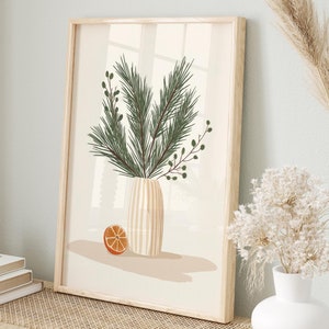 Poster minimalista sulla natura invernale | Murale moderno con rami di abete | Decorazioni natalizie beige | Immagini scandinave corridoio soggiorno