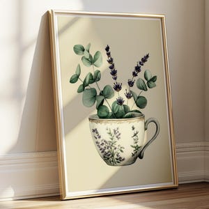 Arte della cucina di una casa di campagna | Poster vintage del tè Lavanda | Immagine di fiori di eucalipto | Arte murale botanica | Illustrazione stile casa di campagna | decorazione a base di erbe