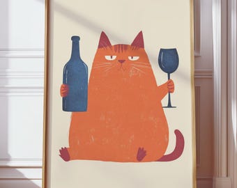 Living room art print animals | Cat poster with red wine | Funny illustration in orange and blue | Modern wall art for kitchen and bar pictures