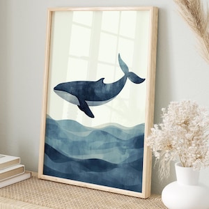 Wandbild Wal Poster | Minimalistische Tier Bilder | Beruhigende Wandkunst | Blautöne & Creme | Deko Wohnzimmer Kinderzimmer Büro Meerestier