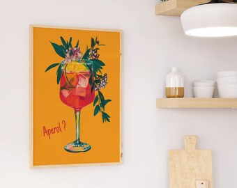 Modern living room decor | Vintage cocktail poster | Colorful Aperol Spritz art print | Summery kitchen wall art, bar, hallway, orange