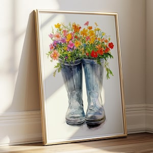 Wohnzimmer Deko Vintage | Aquarell Blumen Gummistiefel | Buntes Design Natur Garten Kunst | Naturmotive Wandbild Küche Büro Flur