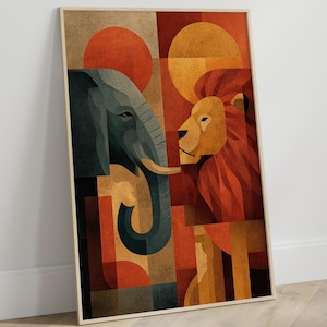 May include: Framed art print featuring a geometric design of an elephant and a lion facing each other. The artwork uses a palette of orange, brown, and teal, with a background of geometric shapes and two orange circles.
