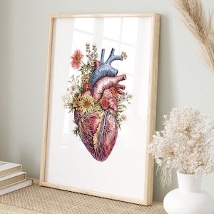 Anatomisch hart in bloemmotief | Kunst voor de woonkamer | Artistieke Hart Illustratie | Poster Hart Bloemen | Moderne Muurkunst