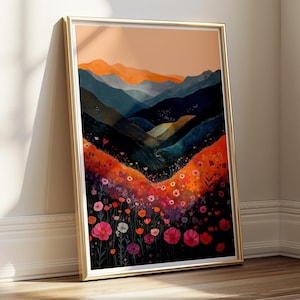 Quadro di paesaggio per soggiorno | Poster di natura boho | Illustrazione di fiori colorati sulle montagne | Decorazione da parete scandinava astratta per corridoio e ufficio | Quadro di natura con fiori