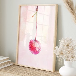 Arte moderna per la cucina | Ciliegia pastello acquerellata | Decorazioni murali scandinave rosa | Arte con accenti fruttati | Immagini per camerette | Soggiorno