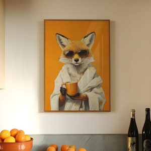 Decorazioni vintage per il soggiorno | Illustrazione retrò di una volpe in cucina e bagno | Arte di animali arancioni | Decorazioni murali umoristiche per l'ufficio | Stampa cool con stile