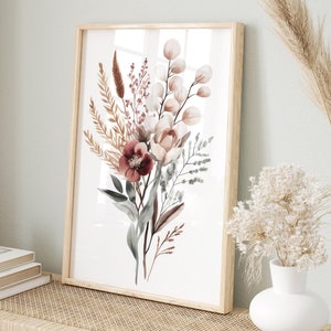 Poster acquerello fiori secchi moderni | Carta da parati murale mazzo di fiori neutri | Immagini decorazione soggiorno boho | Camera da letto con fiori secchi artistici