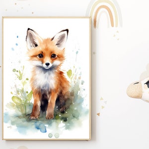Kinderzimmer Wandbild Tierwelt | Aquarell Tierposter Fuchs | Natur Illustration Deko | Spielzimmer Bild | Natur Poster Tiermotiv Waldtier