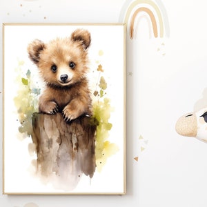 Póster para habitación de bebé | Adorable animal en acuarela | Ilustración de oso de peluche beige y marrón | Decoración moderna para habitación de bebé | Ilustración de un dulce animal