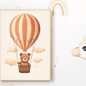 Cute nursery poster: teddy bear in hot air balloon | teddy in balloon traveling | boho style baby room decor | picture for kids