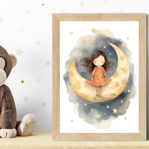 Póster para habitación infantil: cuadro en acuarela de luna y estrellas | Decoración de pared para guardería, regalo para bebé, regalo para niña, póster para niño, decoración para niños