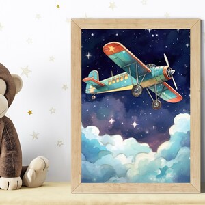 Poster acquerello di un aeroplano per la cameretta dei bambini | Decorazione murale delicata per cameretta neonato, maschio e femmina | Stampa artistica del cielo notturno da sogno | Regalo per bambino