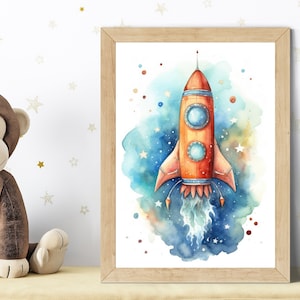 Póster para habitación infantil: Cohete colorido en estilo acuarela | Carteles del espacio para niños | Decoración de paredes para habitaciones infantiles | Imágenes de carteles infantiles de astronautas