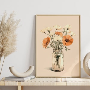 Mural minimalista: flores en jarrón de cristal | Póster estilo boho | Decoración de pared sencilla | dibujo de flores en color beige | imagen con motivo de flores