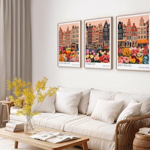 Städte Poster Niederlande | Blumen Markt Wandbilder Set | 3er Poster-Set | Kunstdrucke moderne Deko | Amsterdam Utrecht Den Haag | Tulpen