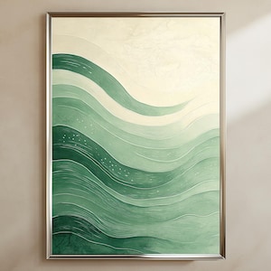 Arte murale armoniosa verde | Manifesto astratto | Arte meditativa delle onde | Arte per spazi silenziosi | Design elegante delle pareti | Onde delicate
