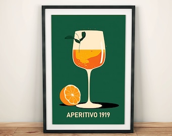 Minimalist Aperol Spritz poster in a retro look, vintage Aperol Spritz picture in green, retro summer wall decoration, drinks artwork cocktail