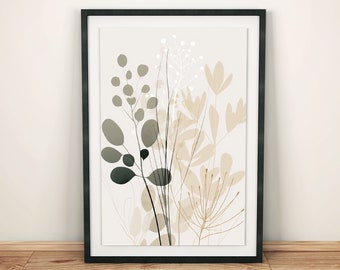 May include: A framed print with a minimalist design featuring abstract beige and green floral shapes on a white background.