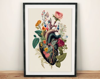 Botanical heart poster with colorful flowers in vintage style, colorful heart made of plants and flowers, vintage heart picture, love poster retro art