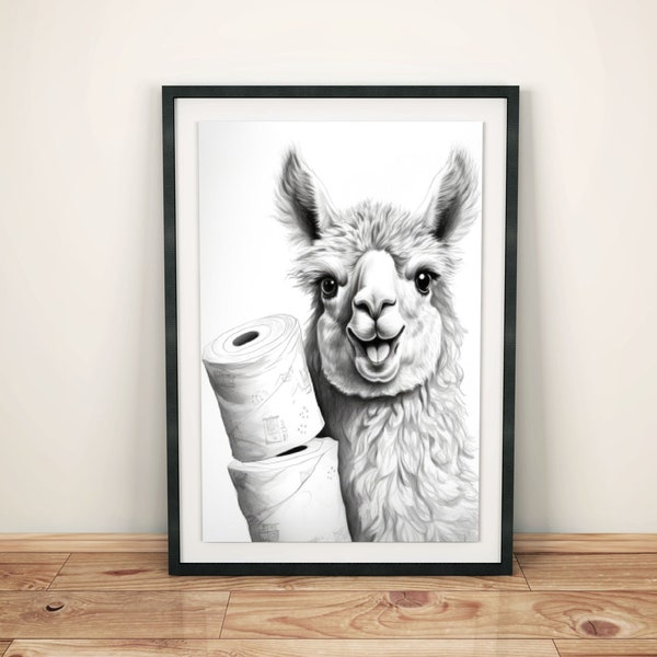 Bathroom decoration: funny llama with toilet paper rolls | Funny wall decoration | Original toilet decoration | Gift idea | Guest toilet poster