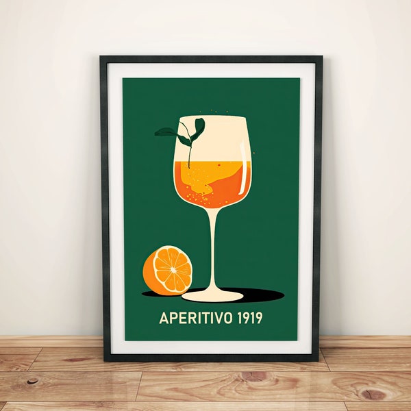 Cartel minimalista de Aperol Spritz en un aspecto retro, imagen vintage de Aperol Spritz en verde, decoración retro de la pared de verano, cóctel de obras de arte de bebidas