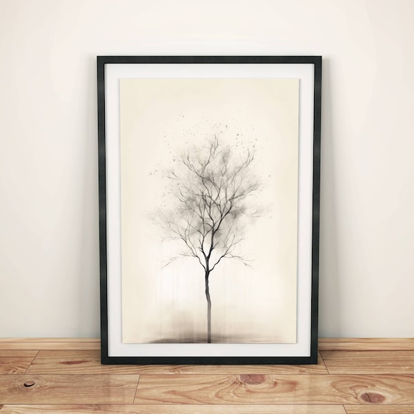 Natural ambience: Minimalist tree poster in beige for Scandinavian interiors | Modern wall decoration in boho style | office deco