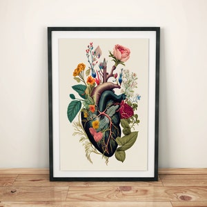 Poster di cuore botanico con fiori colorati in stile vintage, cuore colorato fatto di piante e fiori, immagine di cuore vintage, poster d'amore in stile retrò