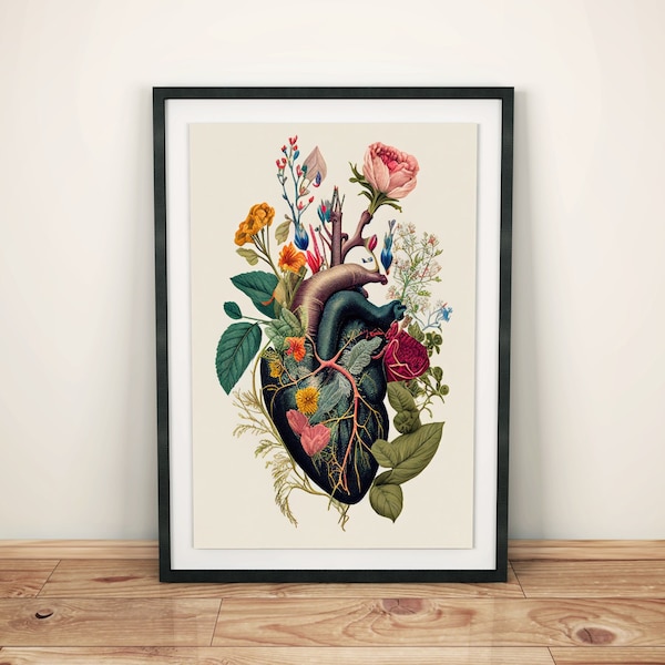 Poster a forma di cuore botanico con fiori colorati in stile vintage, cuore colorato fatto di piante e fiori, foto di cuore vintage, poster d'amore in stile retrò