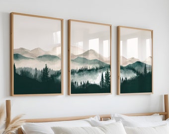 Mountains Forest Fir Trees Poster Set of 3 | Minimalist Wall Art in Green, Gray, and Beige | Nature Poster Set of 3 | Modern Mountain Landscape Picture
