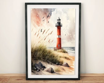 Dekoratives Aquarell Poster: Roter Leuchtturm am Strand | Maritimes Wandbild | Meeresblick Wanddekoration | Küstenlandschaft Deko