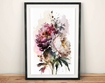 Vintage living room decor | Colorful floral poster | Elegant peony illustration | Romantic art prints of nature in a Scandinavian style | Bedroom