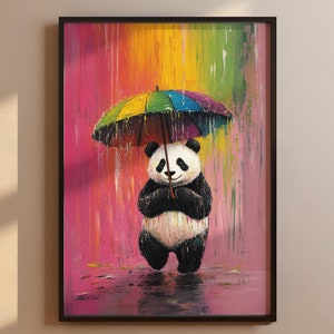 Regenbogen Panda mit Regenschirm Kunstdruck | Fröhliche Wanddeko | Farbenfrohes Poster | Fröhliche Wandkunst | Abstrakte Malerei Bunt