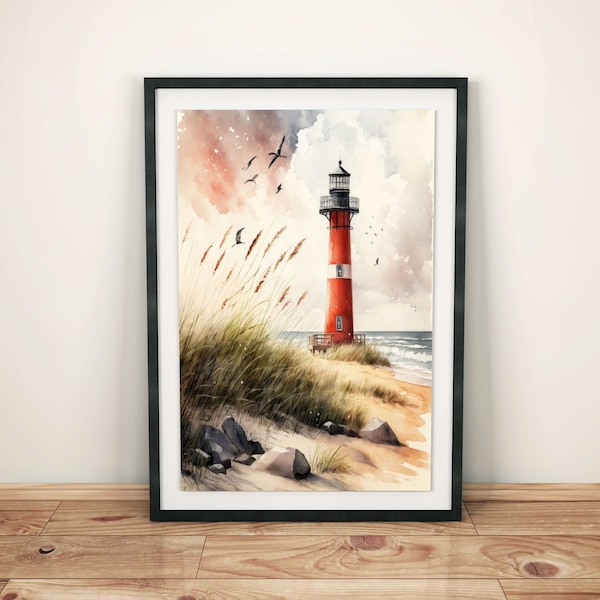 Dekoratives Aquarell Poster: Roter Leuchtturm am Strand | Maritimes Wandbild | Meeresblick Wanddekoration | Küstenlandschaft Deko