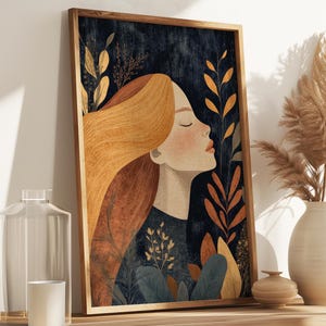 Arte murale boho armoniosa | Decorazione ispirata alla natura | Decorazione murale autunnale | Arte astratta | Colori caldi toni della terra | Ritratto di una donna dai capelli rossi
