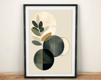 Mond-inspirierte Kreise mit Pflanzenmotiv Wanddeko | Modernes Kreis-Design Poster in Beige, Grün und Grau | Dekorative Wandkunst für Zuhause