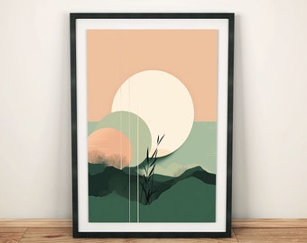 Nature wall art for living room | Abstract landscape art poster | Green beige art print, minimalist | Harmony in the hallway, bedroom, or office