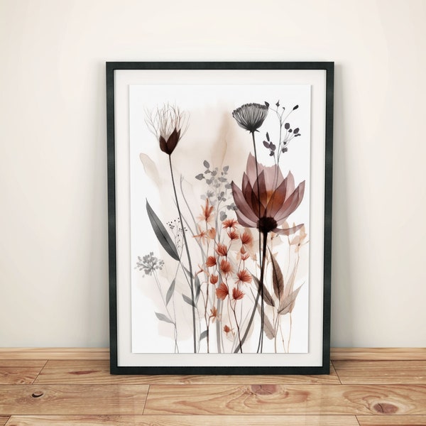 Aquarel kunst aan de muur met wilde bloemen, poster in boho-stijl voor woonkamer en slaapkamer, minimalistische bloemenfoto in pastelkleuren, bloemenposter