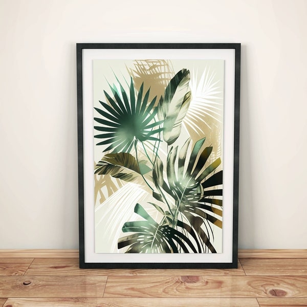 Modern palm leaf mural in harmonious colors | Exotic Atmosphere | Green and beige tones for tropical vibes | Abstract poster