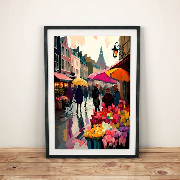 Regnerischer Tulpenmarkt in Amsterdam Wandbild | Bunte Blumen und Regenschirme | Farbenfrohes Wanddekor | Bilder Holland