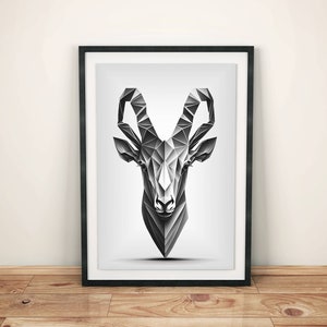 Poster minimalista con Capricorno astratto | Semplice immagine di animali in bianco e nero con forme geometriche | Immagini di animali moderni in ufficio